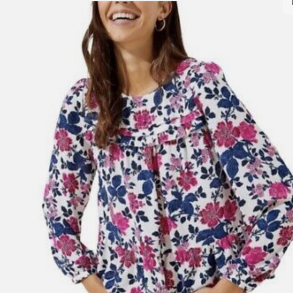 NWT LOFT Long Sleeve Floral White Pink Blue Ruffle Blouse Sz M